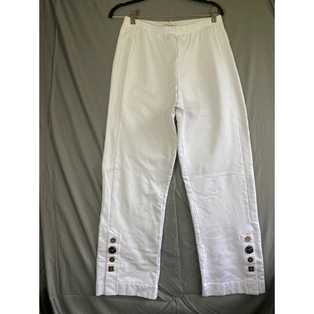 Soft Surroundings Women's M White Cotton Sweat Pants Decorative Buttons on Leg